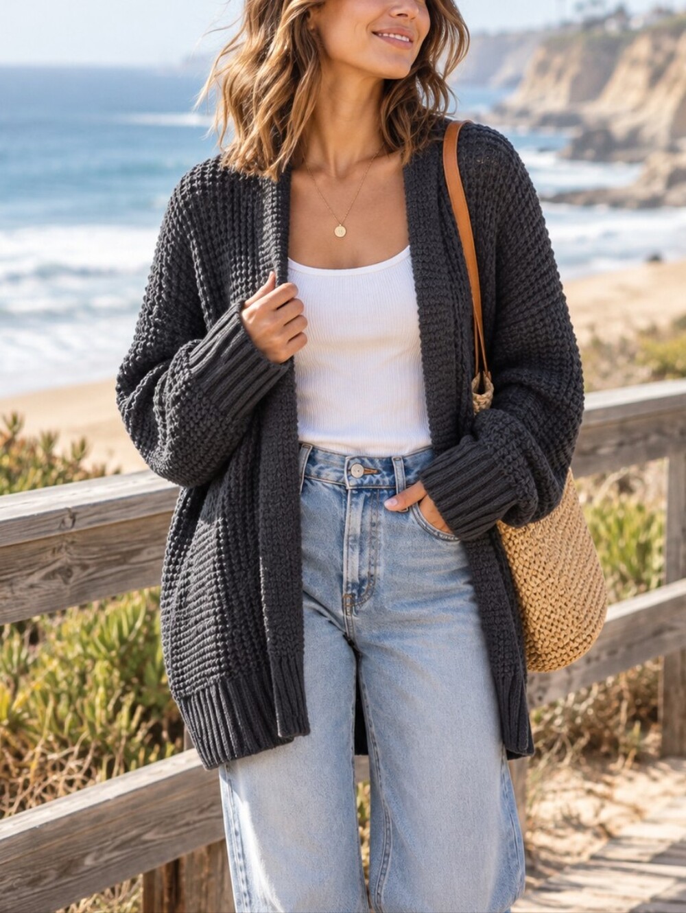 American Eagle Charcoal Chunky Knit Open Front Oversized Cardigan Size M